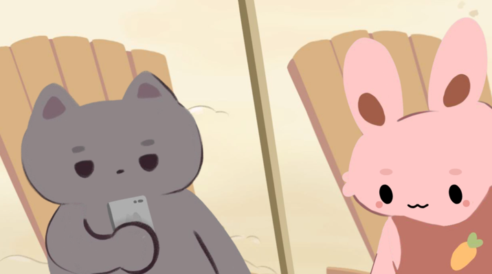 Illustration of a grey cat and a pink rabbit, sitting on beach chairs. The cat holds an electronic device, the rabbit wears a garment decorated with a picture of a carrot.
