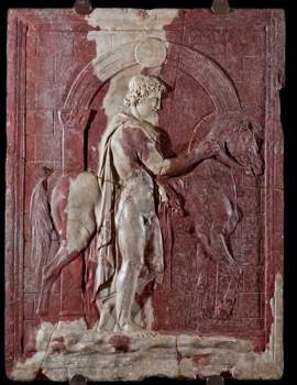 Relief featuring Dioscure beside a horse in front of a roman arch.