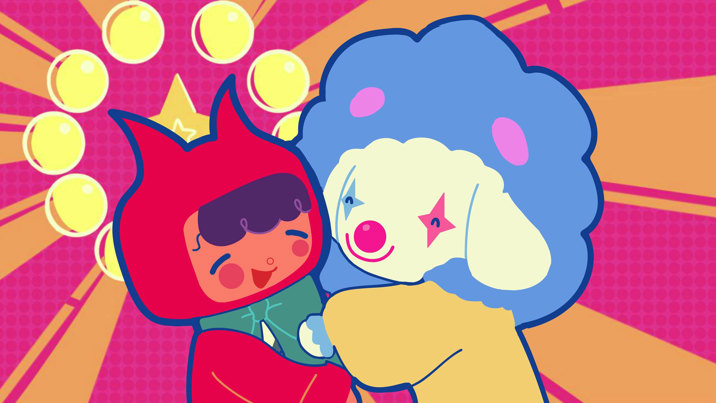 Vibrantly coloured animation depicts two circus characters smiling and hugging each other.