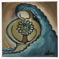 A painting of a woman with flowing blue hair holding a tree with a glowing orange centre. 