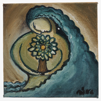 A painting of a woman with flowing blue hair holding a tree with a glowing orange centre. 