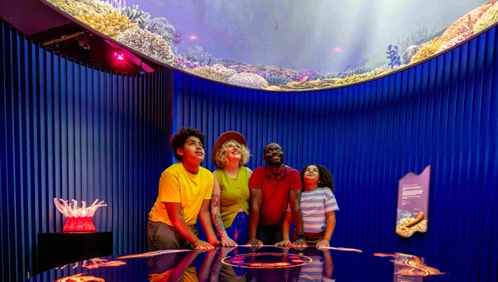 Two adults and two children interact with digital touch table and look upwards towards a projected image