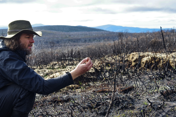 Kevin Rowe with burnt forest behind him.