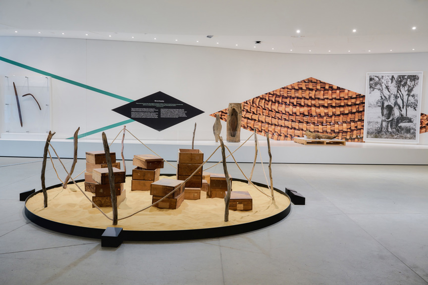 Exhibition display showing wooden objects