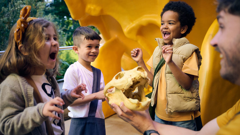 Children roaring like a megafauna in Gandel Gondwana Garden at Melbourne Museum.