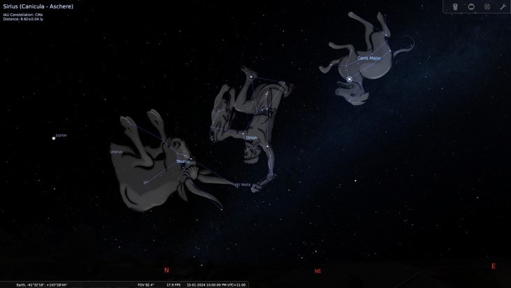 Stellarium view looking north during late evening in January from southern hemisphere with constellations inverted compared to the northern hemisphere. 