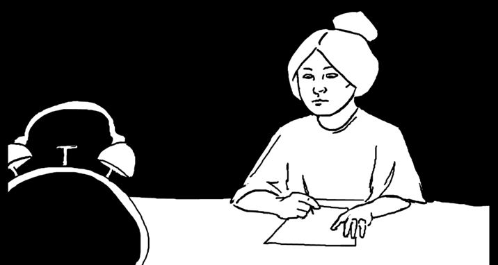 Black-and-white illustration of a woman with her hair in a bun, writing at a table and looking at an old-fashioned alarm clock.