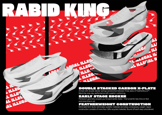 Stylised diagram showing the layers of a monochrome running shoe against a red background. A blurb lists the shoe's features.  