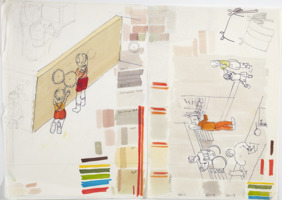 A coloured sketch of an early Children’s Museum concept and depicts children playing at various activities.