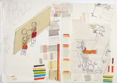 A coloured sketch of an early Children’s Museum concept and depicts children playing at various activities.