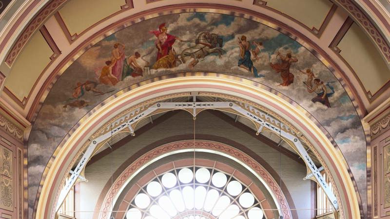 Paintings of Roman demi-gods representing ‘war’ in the Royal Exhibition Building, under the dome.
