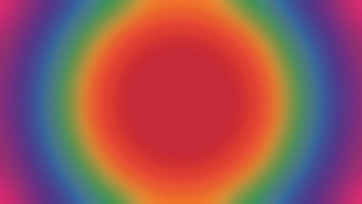 Radial gradient, transitioning from a circle of bright red-orange at the centre, into yellow, green, blue, purple and pink tones towards the edges.