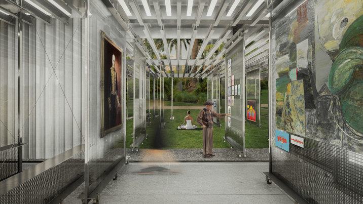 A museum with its walls physically dissolved, breaking down barriers between inside and outside. An elderly man browses museum displays.