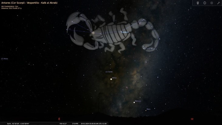 Stellarium view looking east before sunrise from mid-January in southern hemisphere.