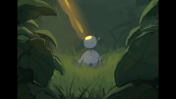 Small grey robot stands in a lush jungle clearing, bathed in a beam of soft golden light filtering through the leaves.