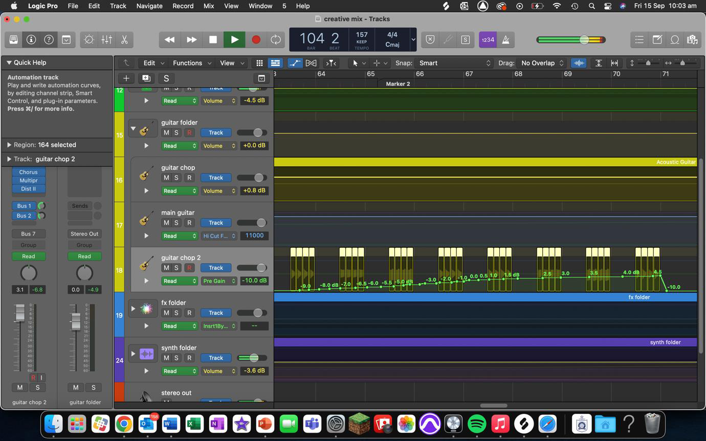 Screenshot of Logic Pro X software showing a compilation of guitar, fx and synth tracks.