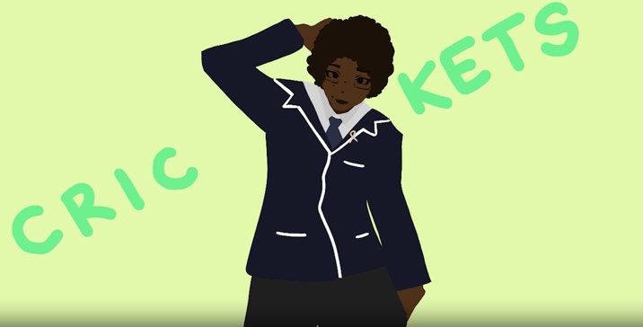 Animation still of a cartoon character in a dark blazer and tie, scratching the back of their head, against a pale-green backdrop with the text 'CRIC KETS' in darker green letters.