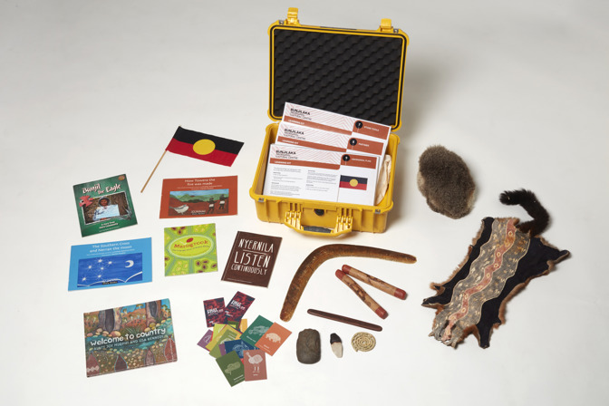 First Peoples outreach kit, box with objects arranged around it, material linked to curriculum, years F to 4