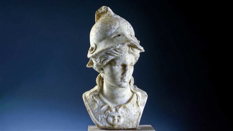 Marble statue of the bust of the roman goddess Athena.