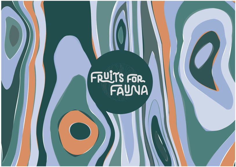 Fruits For Fauna' logo with green, blue and orange graphic design in the background.