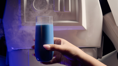A close-up of a glass of blue milk held in front of a stormtrooper's chest.