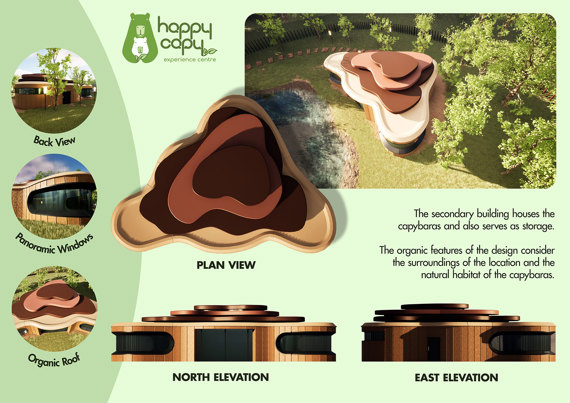 Architectural plan and elevation drawings of an organically-shaped building.